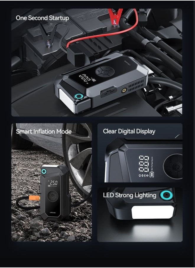 8000 mAh Portable Car Jump Starter & Power Bank with Built‑In Air Compressor and LED Flashlight – 500A Starting Current, 1000A Peak, Type‑C & USB‑A Charging, Compact Emergency Battery Pack