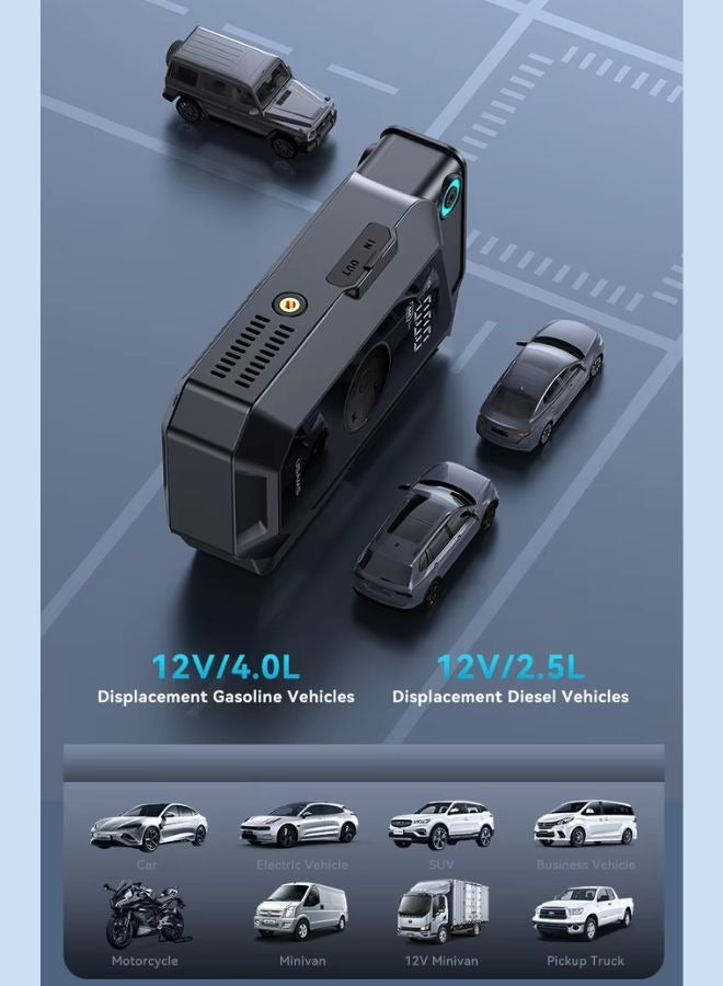 Usams Multi Function Car Jump Starter & Power Bank with Built-In Air Compressor, 8000mAh Portable Emergency Battery Pack, 1000A Peak 12V Jump Starter for Cars, SUVs & Diesel Engines, LED Flashlight, Type-C & USB-A Charging, Compact Heavy-Duty Multi-Function Jump Starter - Image 4