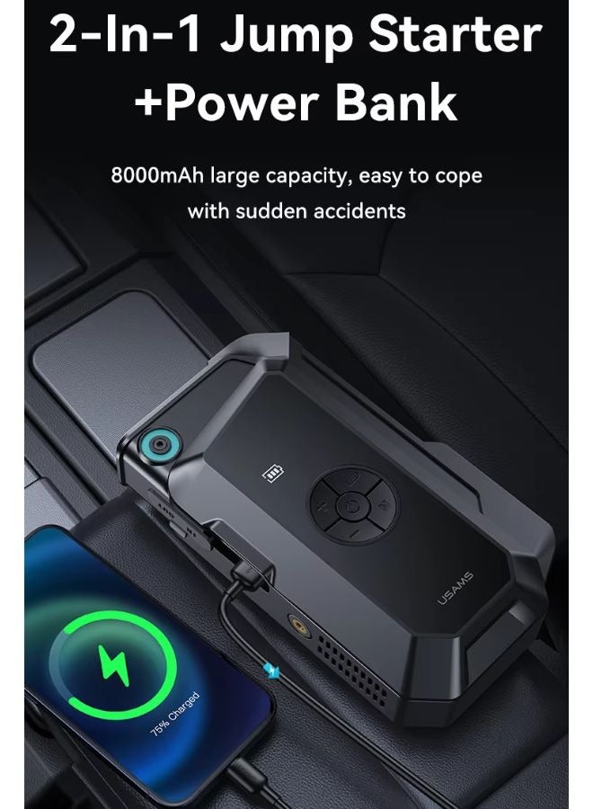 Usams Multi Function Car Jump Starter & Power Bank with Built-In Air Compressor, 8000mAh Portable Emergency Battery Pack, 1000A Peak 12V Jump Starter for Cars, SUVs & Diesel Engines, LED Flashlight, Type-C & USB-A Charging, Compact Heavy-Duty Multi-Function Jump Starter - Image 3