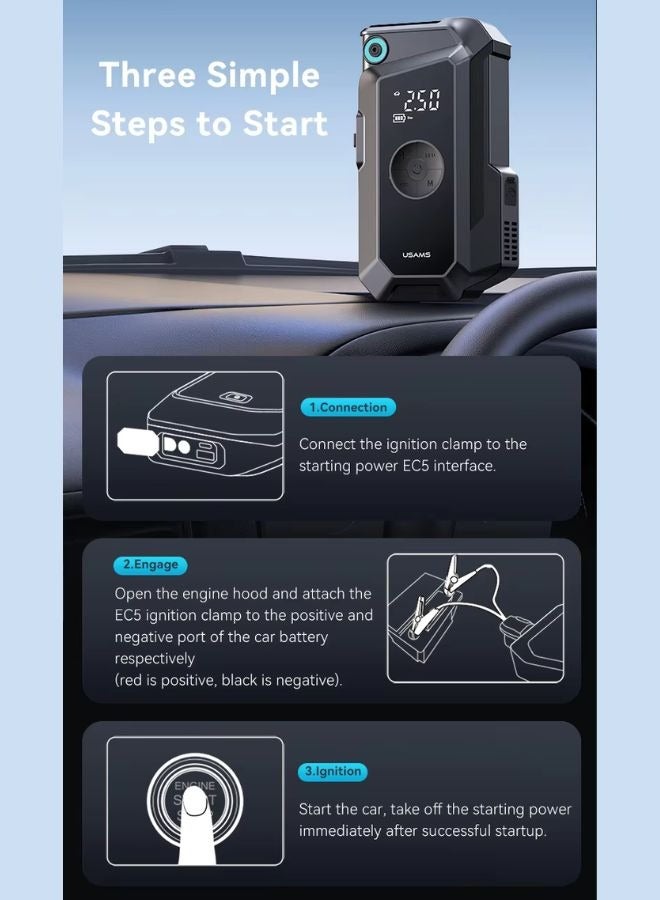 Usams Multi Function Car Jump Starter & Power Bank with Built-In Air Compressor, 8000mAh Portable Emergency Battery Pack, 1000A Peak 12V Jump Starter for Cars, SUVs & Diesel Engines, LED Flashlight, Type-C & USB-A Charging, Compact Heavy-Duty Multi-Function Jump Starter - Image 5