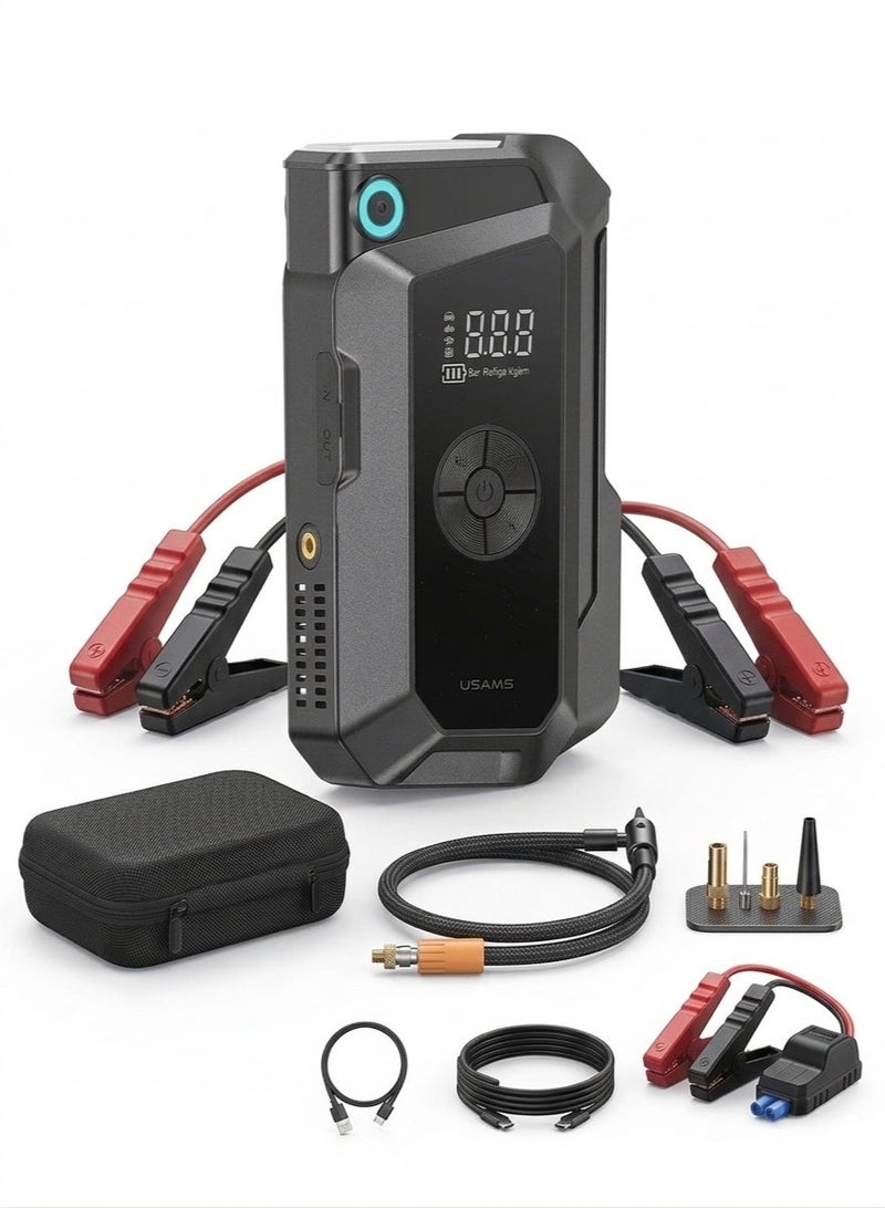 Usams Multi Function Car Jump Starter & Power Bank with Built-In Air Compressor, 8000mAh Portable Emergency Battery Pack, 1000A Peak 12V Jump Starter for Cars, SUVs & Diesel Engines, LED Flashlight, Type-C & USB-A Charging, Compact Heavy-Duty Multi-Function Jump Starter - Image 1
