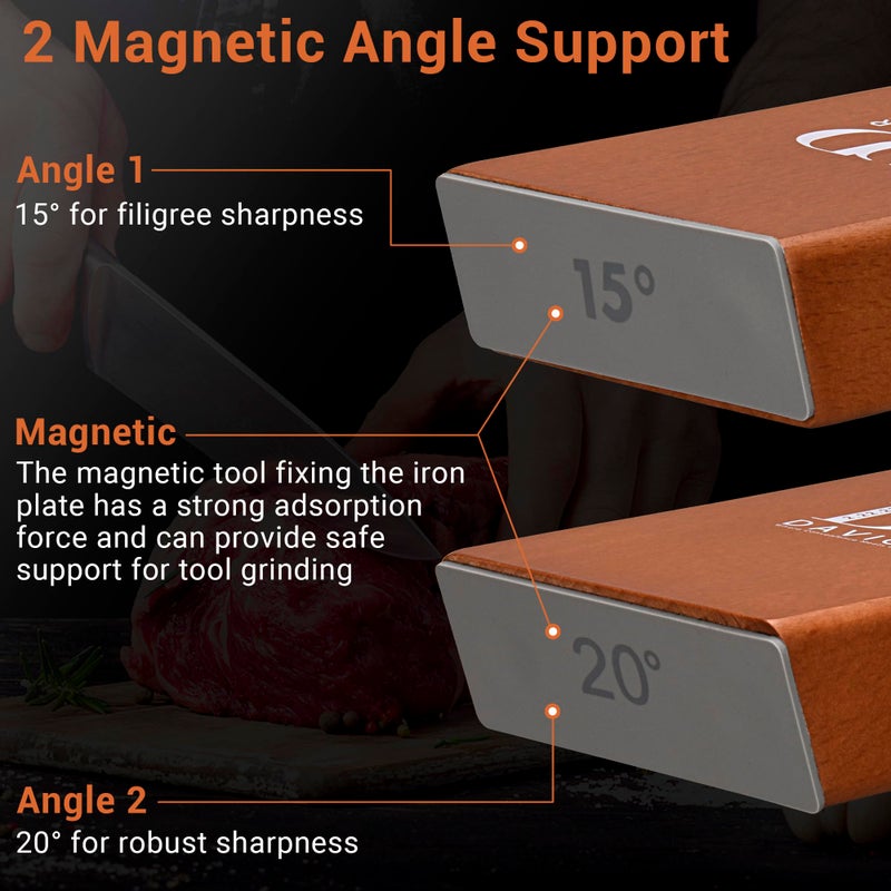 Davior Rolling Knife Sharpener Kit with Diamond Discs, 15Â° & 20Â° Multi Angle Magnetic Knife Sharpener Roller Tool for Kitchen and Pocket Knives, Finger Protector, Leather Strop & Carry Bag - Image 2