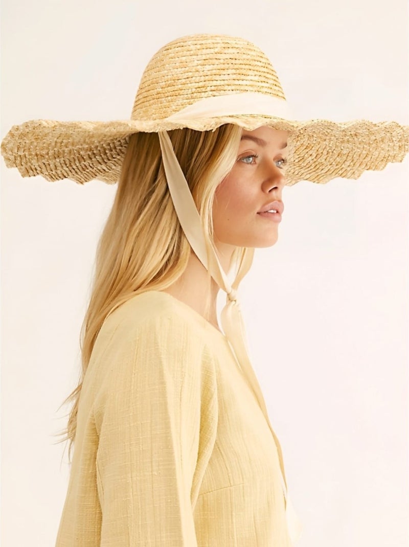 Tezzgelsin Women's Vintage Wavy Ruffles Model Handmade Organic Straw Hat  - Image 1