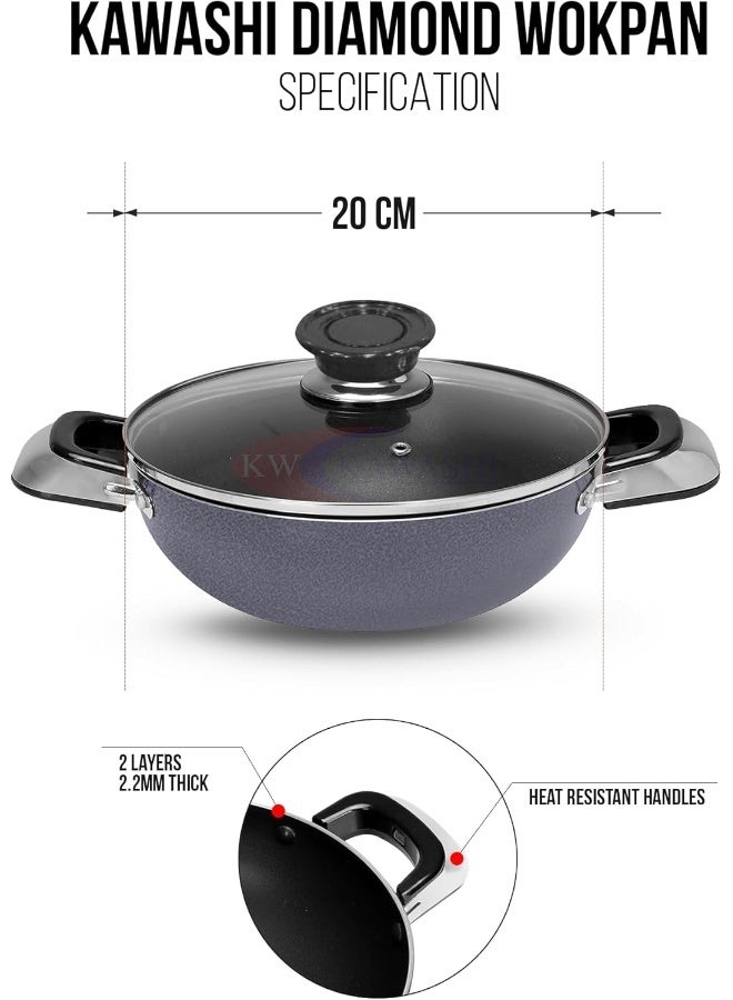 كاواشي مقلاة ووك كاواشي 20 سم من الألومنيوم الفاخر غير اللاصق مع غطاء زجاجي - Image 3