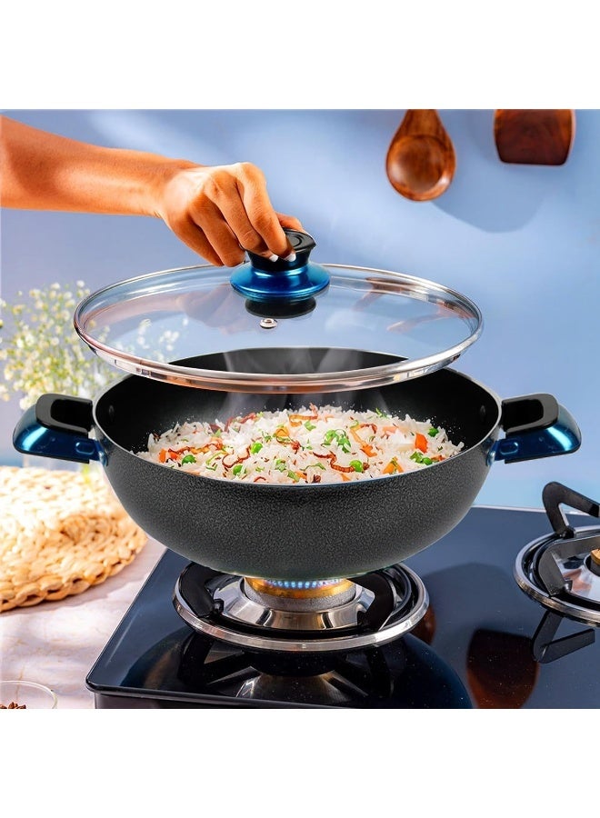 كاواشي مقلاة ووك كاواشي 20 سم من الألومنيوم الفاخر غير اللاصق مع غطاء زجاجي - Image 2