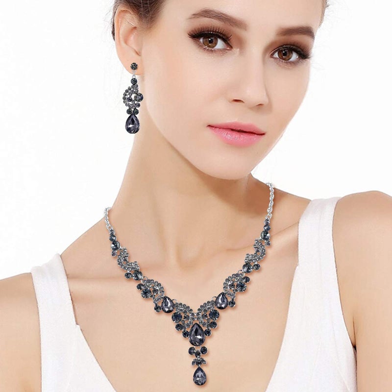 EVER FAITH Rhinestone Crystal Bridal Floral Wave Teardrop Necklace Earrings Set Grey - Image 3