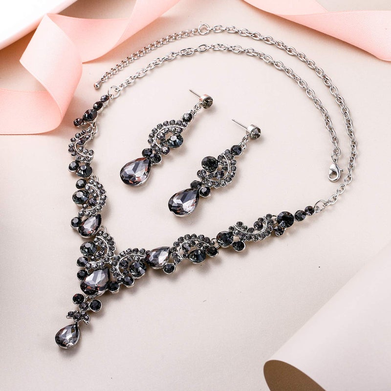EVER FAITH Rhinestone Crystal Bridal Floral Wave Teardrop Necklace Earrings Set Grey - Image 4