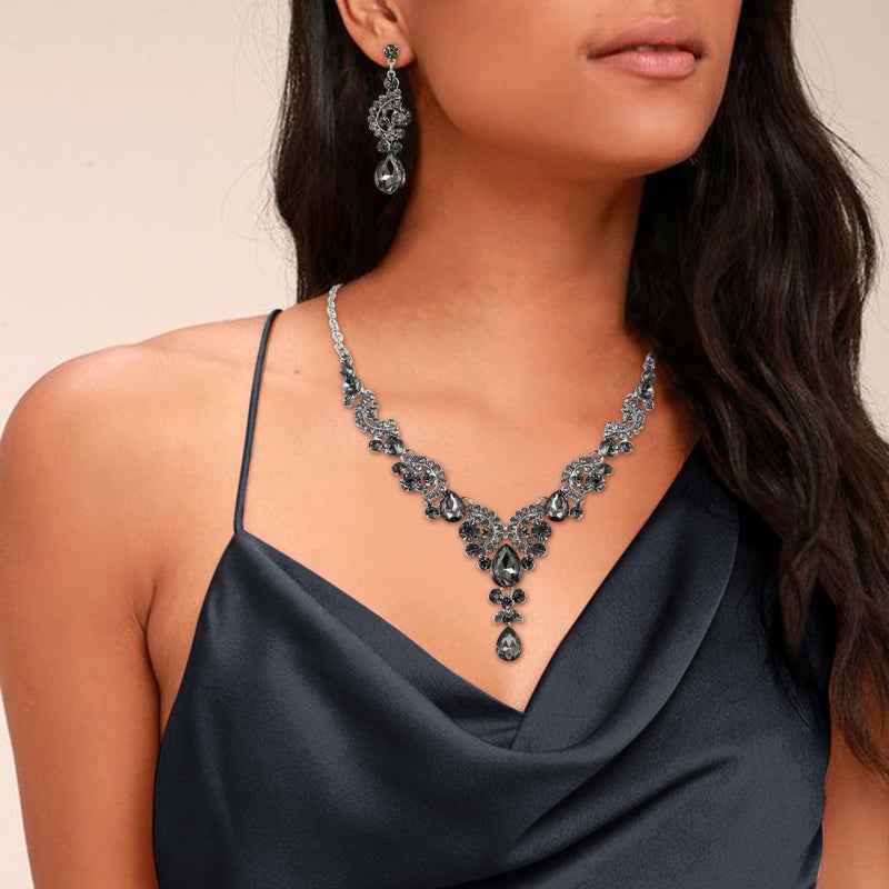 EVER FAITH Rhinestone Crystal Bridal Floral Wave Teardrop Necklace Earrings Set Grey - Image 2