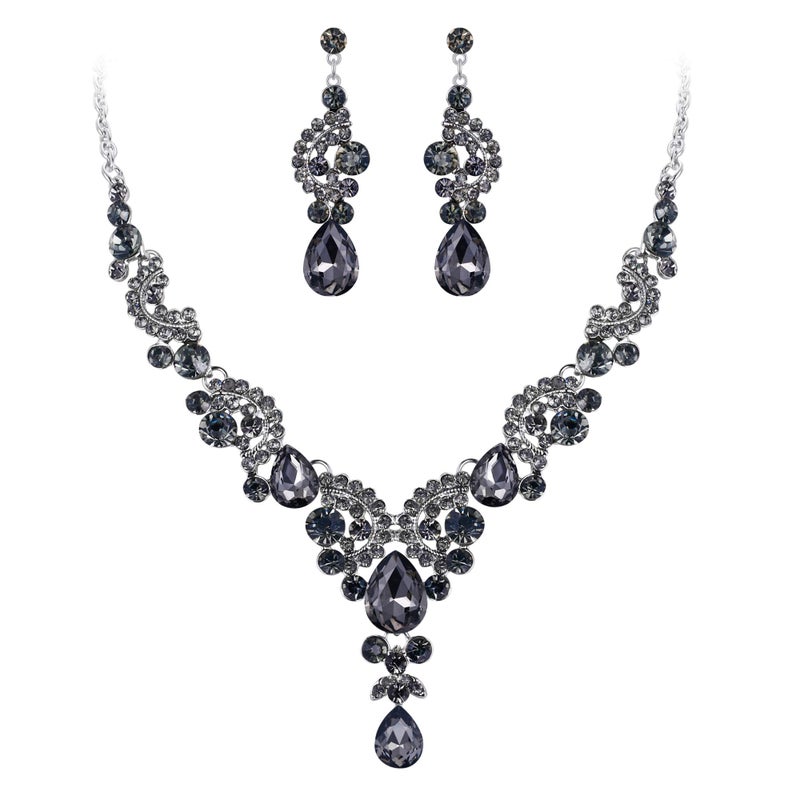 EVER FAITH Rhinestone Crystal Bridal Floral Wave Teardrop Necklace Earrings Set Grey - Image 1