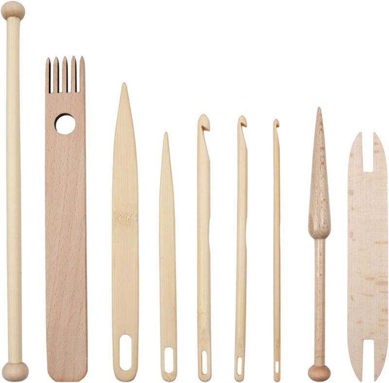 klarako 9pcs Wood Loom Stick Set, DIY Handcrafts Tool Kit Crochet Needle, Weaving Bobbins Sticks for knitting crafts DIY Sweater Scarf Tapestry Making - Image 1