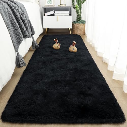 Tepook Soft Runner Rugs for Bedroom 2x6 ft with Rubber Backing, Black Fluffy Rugs for Living Room, Shag Bedside Rug Fuzzy Plush Carpet for Room, Area Rug for Dorm Nursery Hallway Indoor Home Decor - Image 1