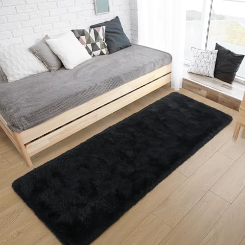 Tepook Soft Runner Rugs for Bedroom 2x6 ft with Rubber Backing, Black Fluffy Rugs for Living Room, Shag Bedside Rug Fuzzy Plush Carpet for Room, Area Rug for Dorm Nursery Hallway Indoor Home Decor - Image 2