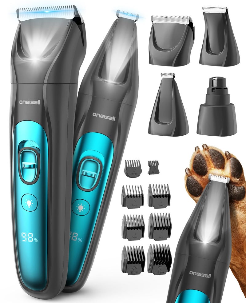 oneisall Quiet Dog Clippers for Grooming LED Light Dog Paw Trimmer Dog Nail Grinder Rechargeable 2000mAh Dog Grooming Clippers Cordless Dog Hair Trimmer Electric Dog Trimmer for Paw Nail Body