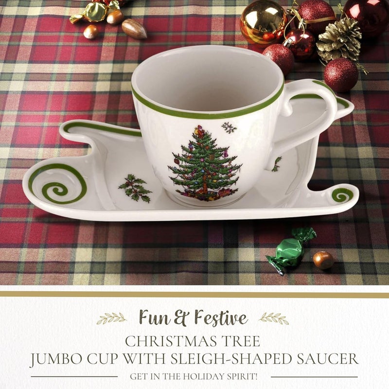 Spode Christmas Tree Large Coffee Mug with Saucer Jumbo Teacup 18oz Cup with Sleigh Shaped Plate Festive Serveware Holiday Gift - Image 2