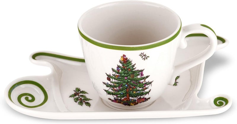Spode Christmas Tree Large Coffee Mug with Saucer Jumbo Teacup 18oz Cup with Sleigh Shaped Plate Festive Serveware Holiday Gift - Image 1