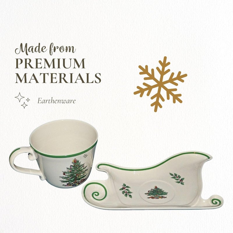 Spode Christmas Tree Large Coffee Mug with Saucer Jumbo Teacup 18oz Cup with Sleigh Shaped Plate Festive Serveware Holiday Gift - Image 4