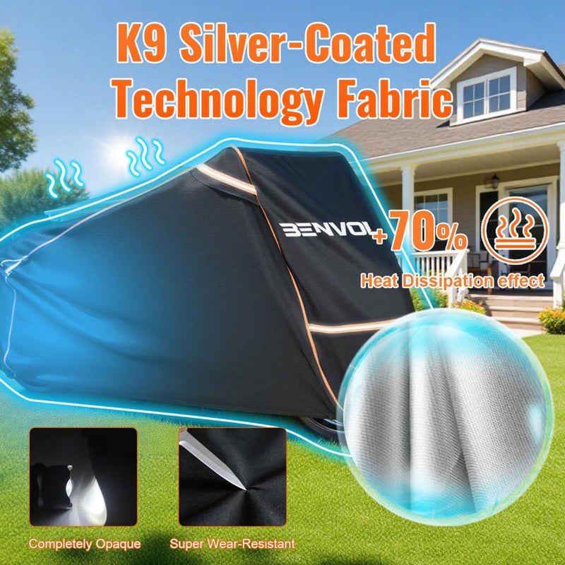 BENVOL 420D Heavy Duty Motorcycle Cover Waterproof Outdoor, 5000mm Rainproof Material Motorbike Cover with 2 Windproof Buckles, Lock Holes & Wide Reflective Strips, Anti-UV Sun Dust Protection - Image 5