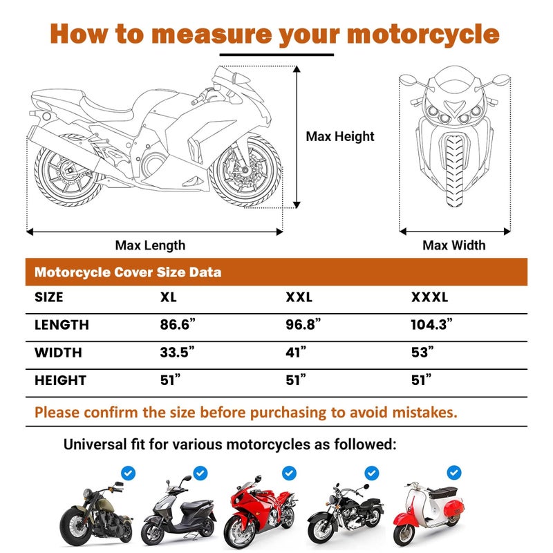 BENVOL 420D Heavy Duty Motorcycle Cover Waterproof Outdoor, 5000mm Rainproof Material Motorbike Cover with 2 Windproof Buckles, Lock Holes & Wide Reflective Strips, Anti-UV Sun Dust Protection - Image 3