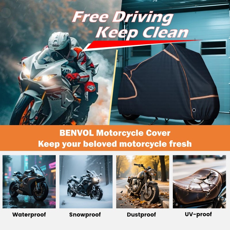 BENVOL 420D Heavy Duty Motorcycle Cover Waterproof Outdoor, 5000mm Rainproof Material Motorbike Cover with 2 Windproof Buckles, Lock Holes & Wide Reflective Strips, Anti-UV Sun Dust Protection - Image 2