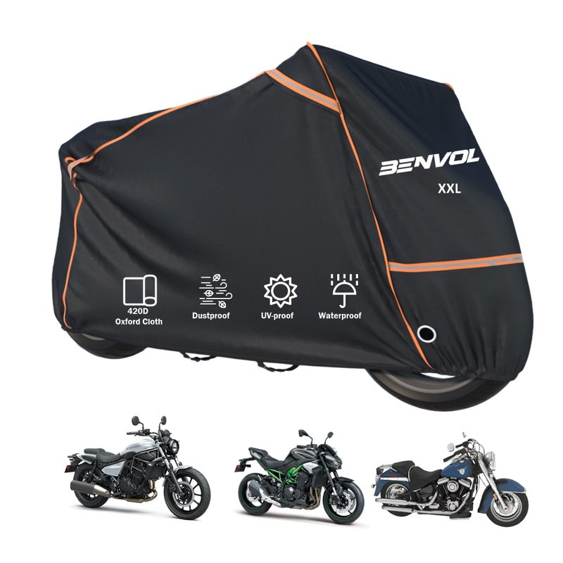 BENVOL 420D Heavy Duty Motorcycle Cover Waterproof Outdoor, 5000mm Rainproof Material Motorbike Cover with 2 Windproof Buckles, Lock Holes & Wide Reflective Strips, Anti-UV Sun Dust Protection - Image 1