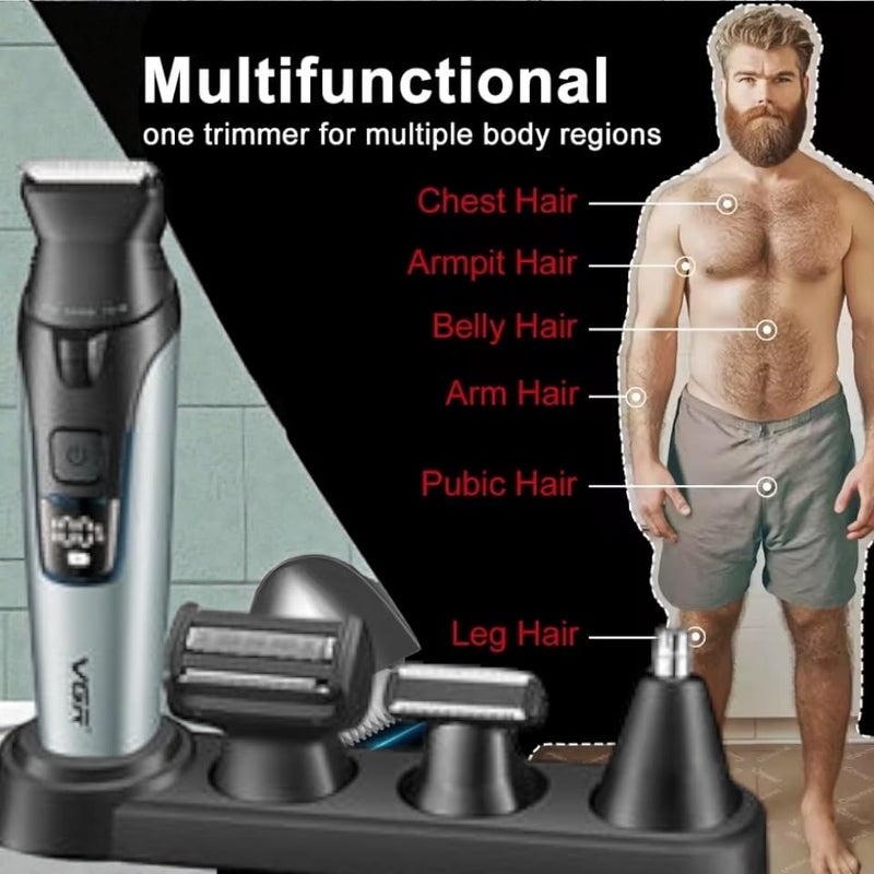 VGR V-634 4-in-1 Rechargeable Men's Grooming Kit, Waterproof Hair and Body Trimmer with LED Display, 4 Interchangeable Heads, 9 Guide Combs, USB Charging (Gray)