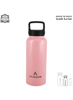 Atlasware Water Bottle With a Capacity of 1000 ML a Stainless Steel Water Bottle With a Wide Black Lid European Design That Keeps d for 45 Hours And Keeps Heat for 14 Hours Pink  - Image 1
