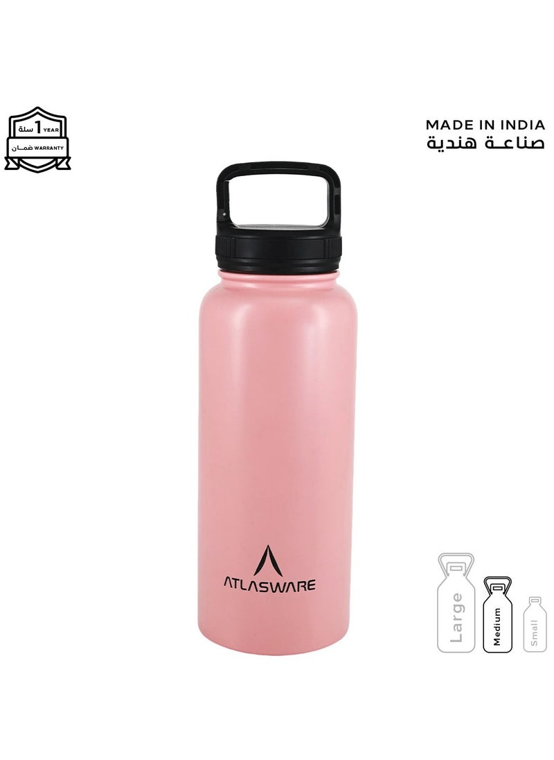 Atlasware - Water Bottle With a Capacity of 1000 ML a Stainless Steel Water Bottle With a Wide Black Lid European Design That Keeps d for 45 Hours And Keeps Heat for 14 Hours Pink - Image 1