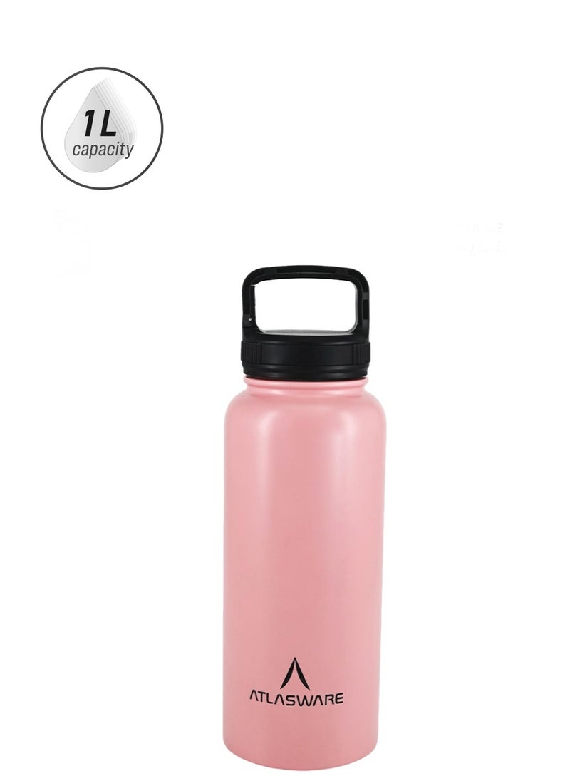 Atlasware - Water Bottle With a Capacity of 1000 ML a Stainless Steel Water Bottle With a Wide Black Lid European Design That Keeps d for 45 Hours And Keeps Heat for 14 Hours Pink - Image 1