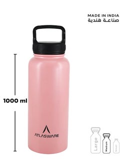 Atlasware Water Bottle With a Capacity of 1000 ML a Stainless Steel Water Bottle With a Wide Black Lid European Design That Keeps d for 45 Hours And Keeps Heat for 14 Hours Pink  - Image 3