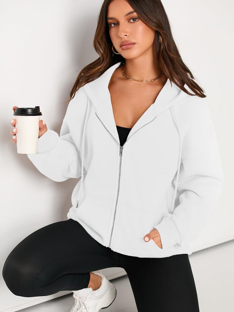 EFAN Women Zip Up Hoodies Oversized Sweatshirt Jacket 2026 Fall Fleece Cute Pullover Hooded Tops Teen Girls Casual Loose Fit Y2k Trendy Fashion Gym Clothes Outfits White L - Image 2
