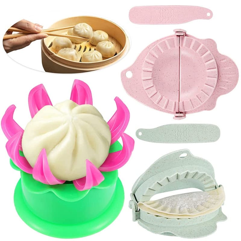 Potchen 5 Pieces Bun Maker Dumpling Maker Steam Filled Plastic Mold and Filling Spoon Cooking Tool Set for Adults Press Steamed Stuffed Mould Make Delicious Bun and Dumplings(Green, Pink) - Image 1