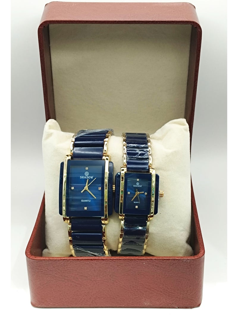 شادو ساعات زوجية شادو فاخرة - طقم أنيق بتصميم مستطيل ولون ثنائي - Image 1