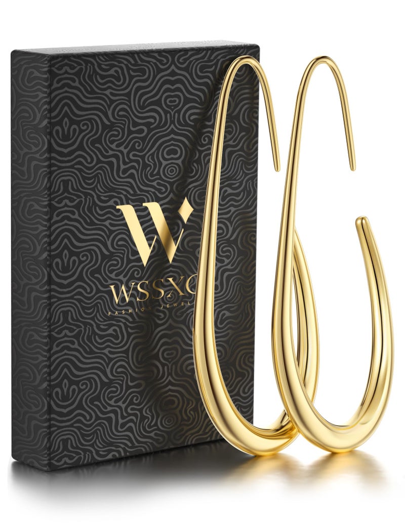 WSSXC 2Pairs Lightweight Teardrop Hoop Earrings for Women - 18k Gold Plated Large Small Size Oval Pull Through Hoop Earrings Teen Gift High Polished Statement Jewelry for Women - Image 1