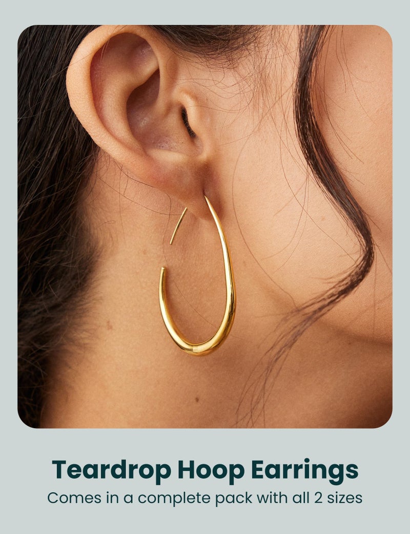 WSSXC 2Pairs Lightweight Teardrop Hoop Earrings for Women - 18k Gold Plated Large Small Size Oval Pull Through Hoop Earrings Teen Gift High Polished Statement Jewelry for Women - Image 3