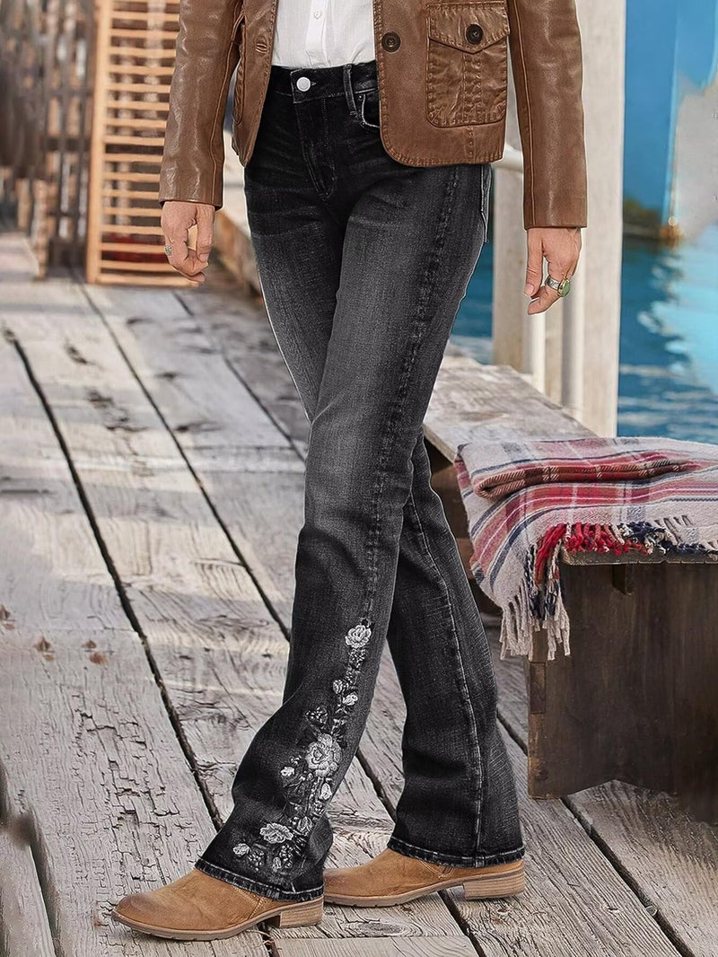 Flamingals Women's Floral Embroidery Mid Waist High Stretch Bootcut Jeans with Pockets Ink Black S - Image 5