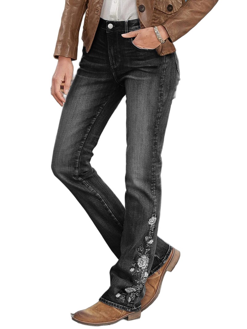 Flamingals Women's Floral Embroidery Mid Waist High Stretch Bootcut Jeans with Pockets Ink Black S - Image 1