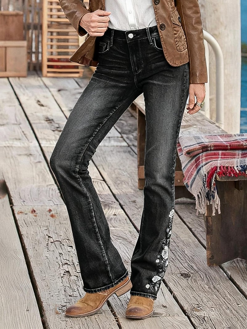 Flamingals Women's Floral Embroidery Mid Waist High Stretch Bootcut Jeans with Pockets Ink Black S - Image 3