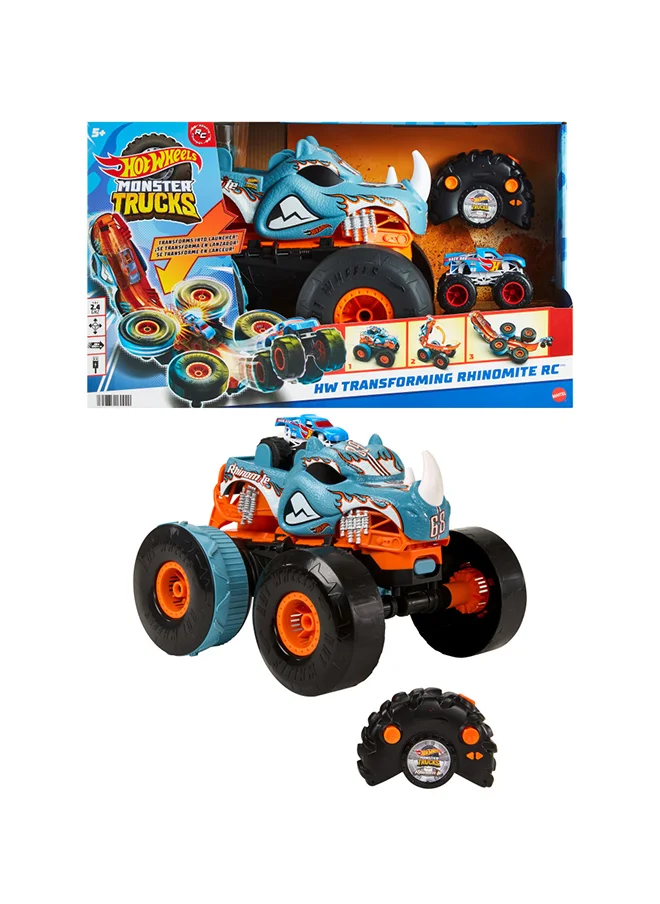 هوت ويلز Monster Trucks Hw Transforming Rhinomite RC   In 1:12 Scale With 1:64 Scale Race Ace Toy Truck, Converts Into Launcher, Connects To Orange Track