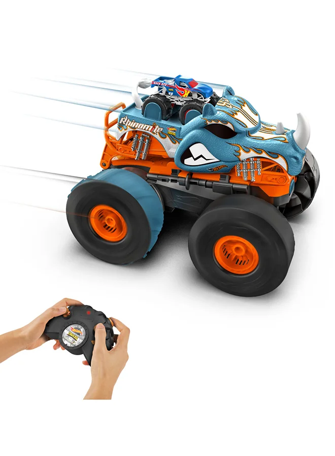 Hot Wheels Monster Trucks Hw Transforming Rhinomite RC   In 1:12 Scale With 1:64 Scale Race Ace Toy Truck, Converts Into Launcher, Connects To Orange Track