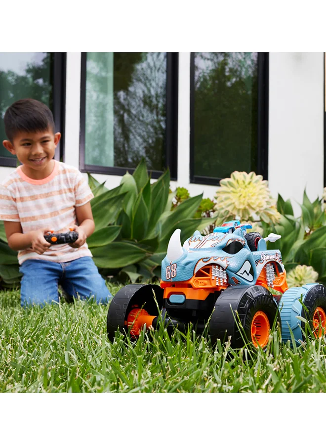 Hot Wheels Monster Trucks Hw Transforming Rhinomite RC   In 1:12 Scale With 1:64 Scale Race Ace Toy Truck, Converts Into Launcher, Connects To Orange Track