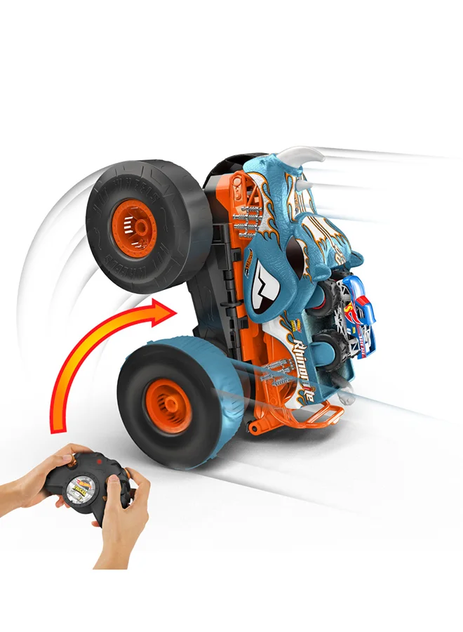 Hot Wheels Monster Trucks Hw Transforming Rhinomite RC   In 1:12 Scale With 1:64 Scale Race Ace Toy Truck, Converts Into Launcher, Connects To Orange Track