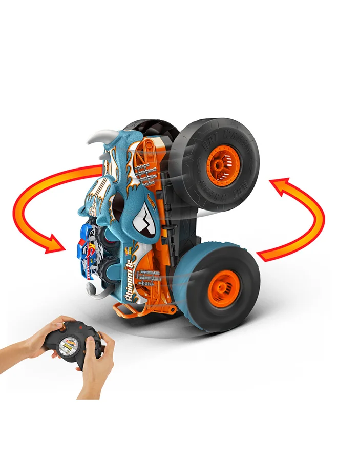 Hot Wheels Monster Trucks Hw Transforming Rhinomite RC   In 1:12 Scale With 1:64 Scale Race Ace Toy Truck, Converts Into Launcher, Connects To Orange Track