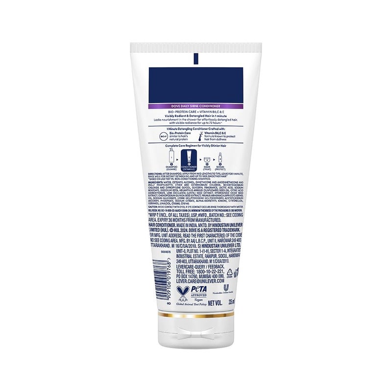 Dove Daily Shine 1min Conditioner with BioProtein Care and Vitamin B6C E for dull hair for upto 72 hours of effortlessly detangled and visibly radiant hair 335 ml - Image 2