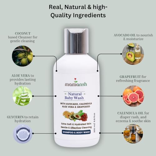 Mamansh Natural Baby Body Wash | Gentle Cleaning, Hydrate, Nourish & Moisturize All Day Long With Coconut | 0-5 Years (200 ml) - Image 3