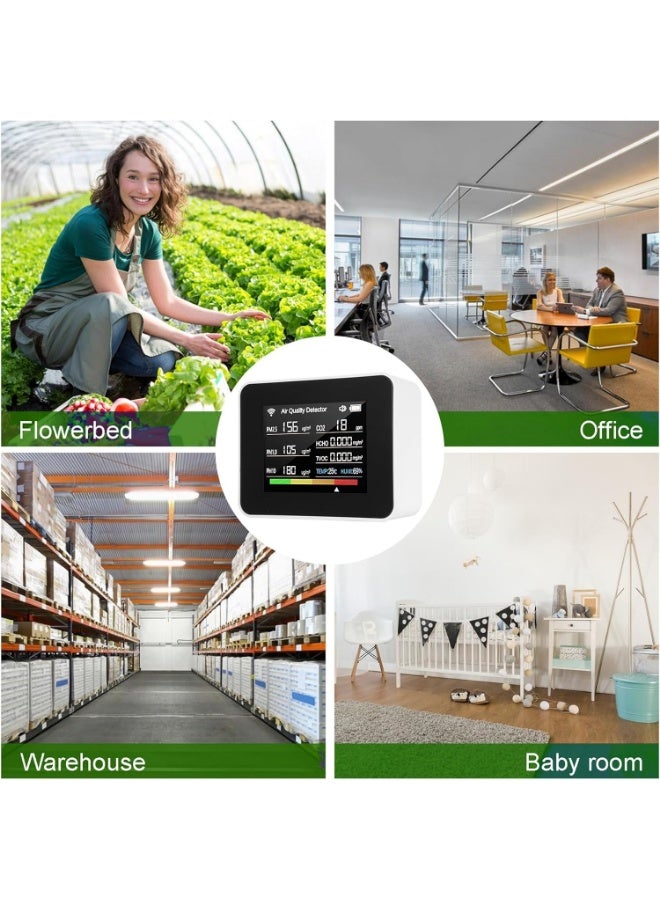 WiFi Air Quality Meter 13-in-1 Indoor Air Quality Monitor Detects CO₂ TVOC HCHO PM2.5 PM1.0 PM10 Humidity and Temperature Time Date Alarm Timer and Stopwatch Timer with Alarm for Home Offices(White) - Image 4