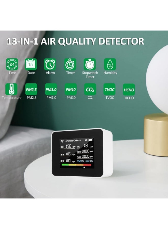 WiFi Air Quality Meter 13-in-1 Indoor Air Quality Monitor Detects CO₂ TVOC HCHO PM2.5 PM1.0 PM10 Humidity and Temperature Time Date Alarm Timer and Stopwatch Timer with Alarm for Home Offices(White) - Image 3