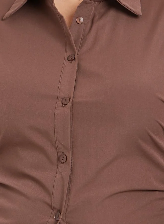 Styli Styli Plus Brown Longline Fitted Shirt