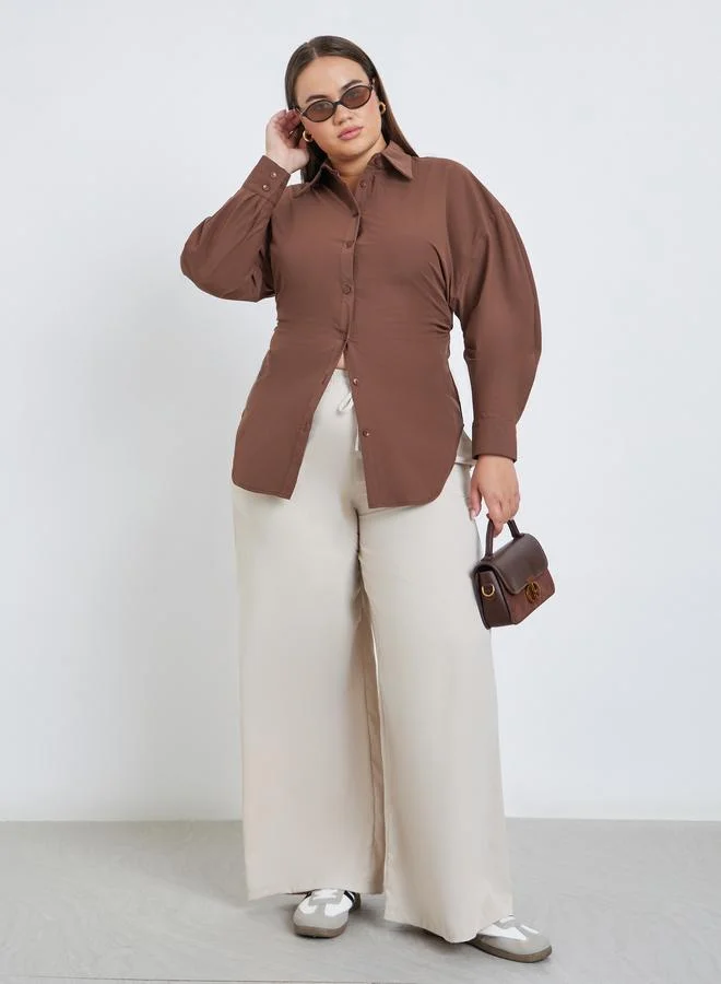 Styli Styli Plus Brown Longline Fitted Shirt