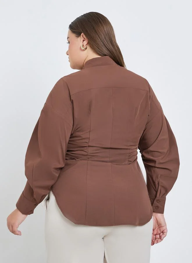 Styli Styli Plus Brown Longline Fitted Shirt