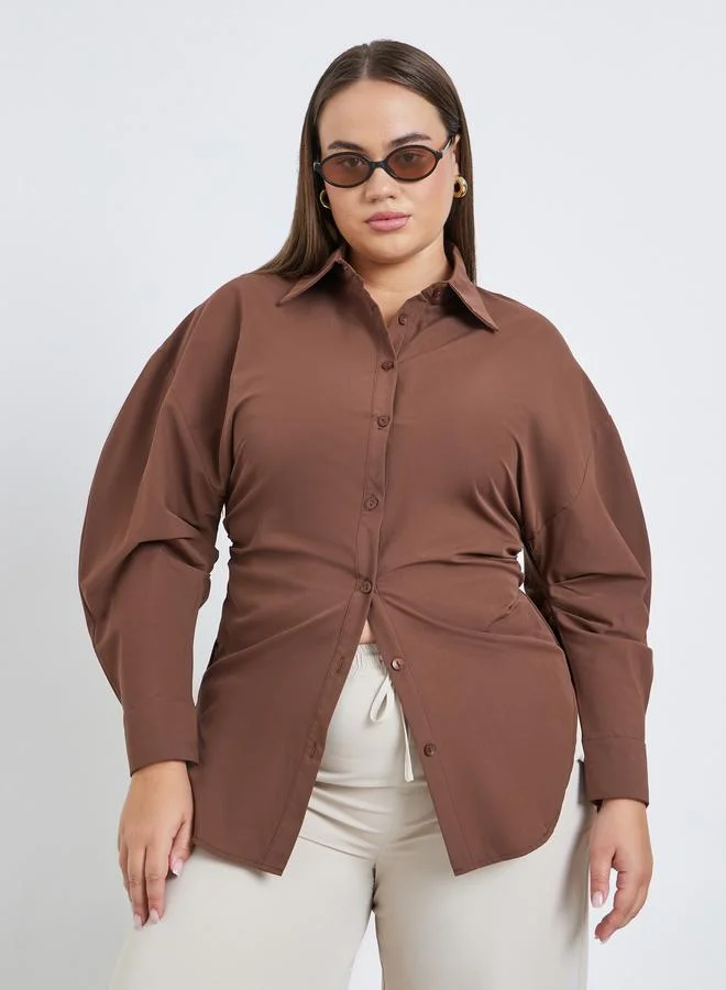 Styli Styli Plus Brown Longline Fitted Shirt